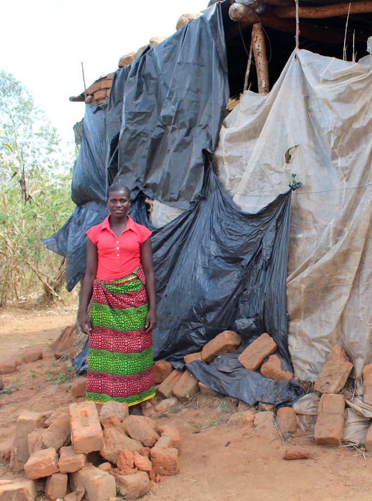 Woman standing in front of her house made out of mud bricks, devastated by Cyclone Ana
